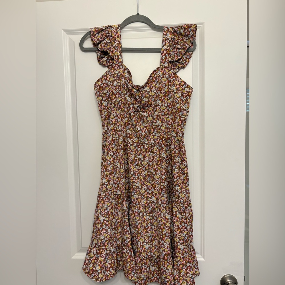 Floral Ruffle Strap Sundress in Brown